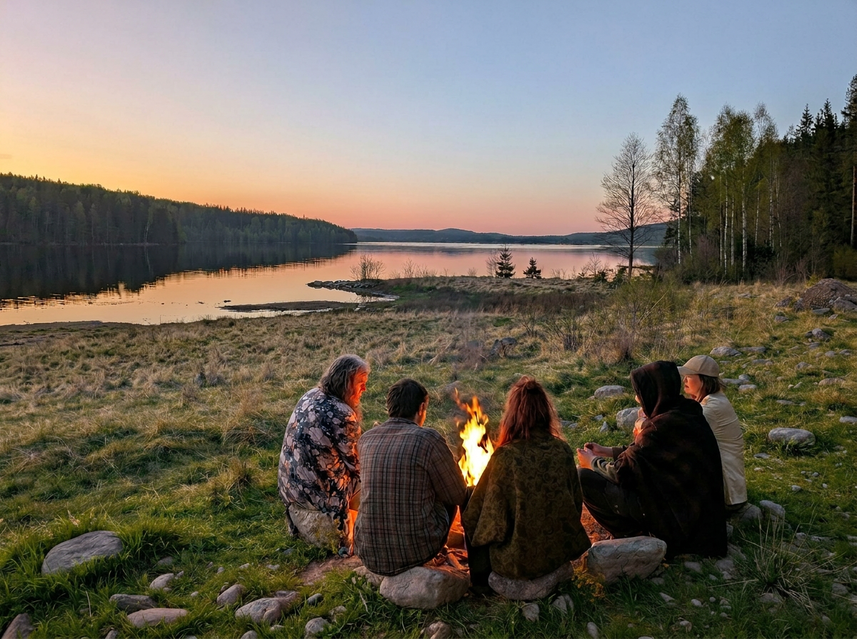 Kvällsstämning vid brasan vid sjön
